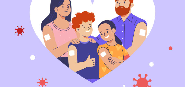 Ілюстрація родини у великому білому серці, кожен має пластир після щеплення