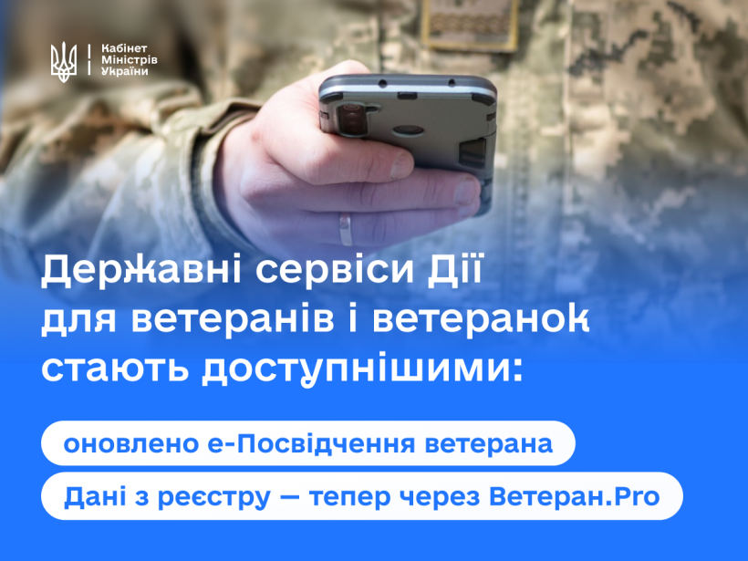 Військовий у камуфляжі тримає смартфон, на екрані відображено інформацію про державні сервіси для ветеранів