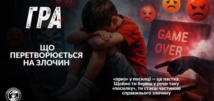 Людина сидить на підлозі з опущеною головою, позаду екран із написом “GAME OVER” та символами небезпеки