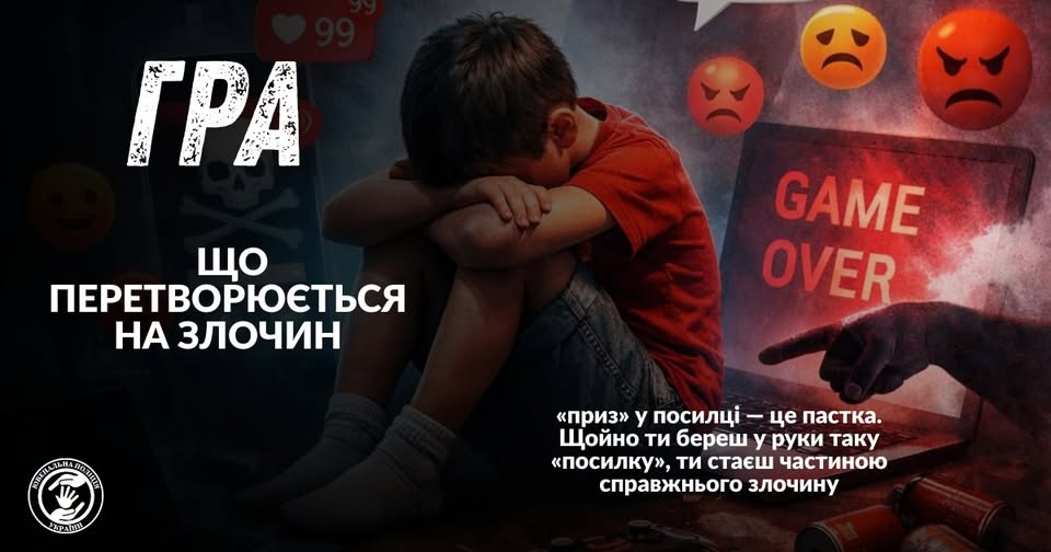 Людина сидить на підлозі з опущеною головою, позаду екран із написом “GAME OVER” та символами небезпеки