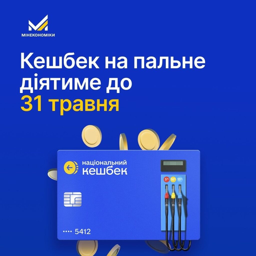 Синій рекламний банер із карткою та монетами, текст про кешбек на пальне до 31 травня