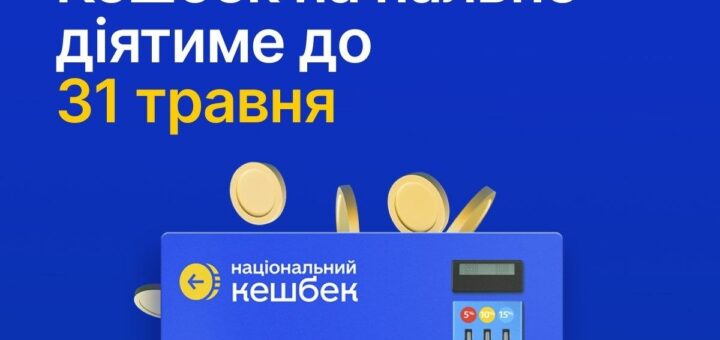 Синій рекламний банер із карткою та монетами, текст про кешбек на пальне до 31 травня