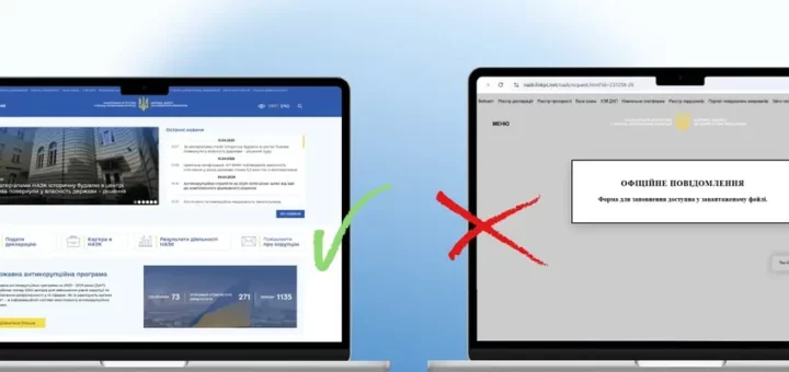 «Два ноутбуки поруч: ліворуч офіційний сайт НАПК із синім оформленням, праворуч — підроблений сірий сайт із червоним хрестиком.
