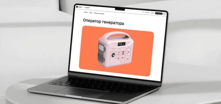 Ноутбук на круглому білому столі, на екрані зображення рожевого генератора на помаранчевому фоні