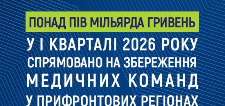 Синій інформаційний банер Національної служби здоров’я України з текстом про фінансування медичних команд у прифронтових регіонах