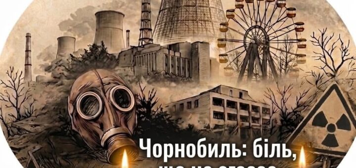 Символічний малюнок: атомна станція, колесо огляду, протигаз, знак радіації. Попереду свічки й червоні ягоди, угорі летить білий голуб.