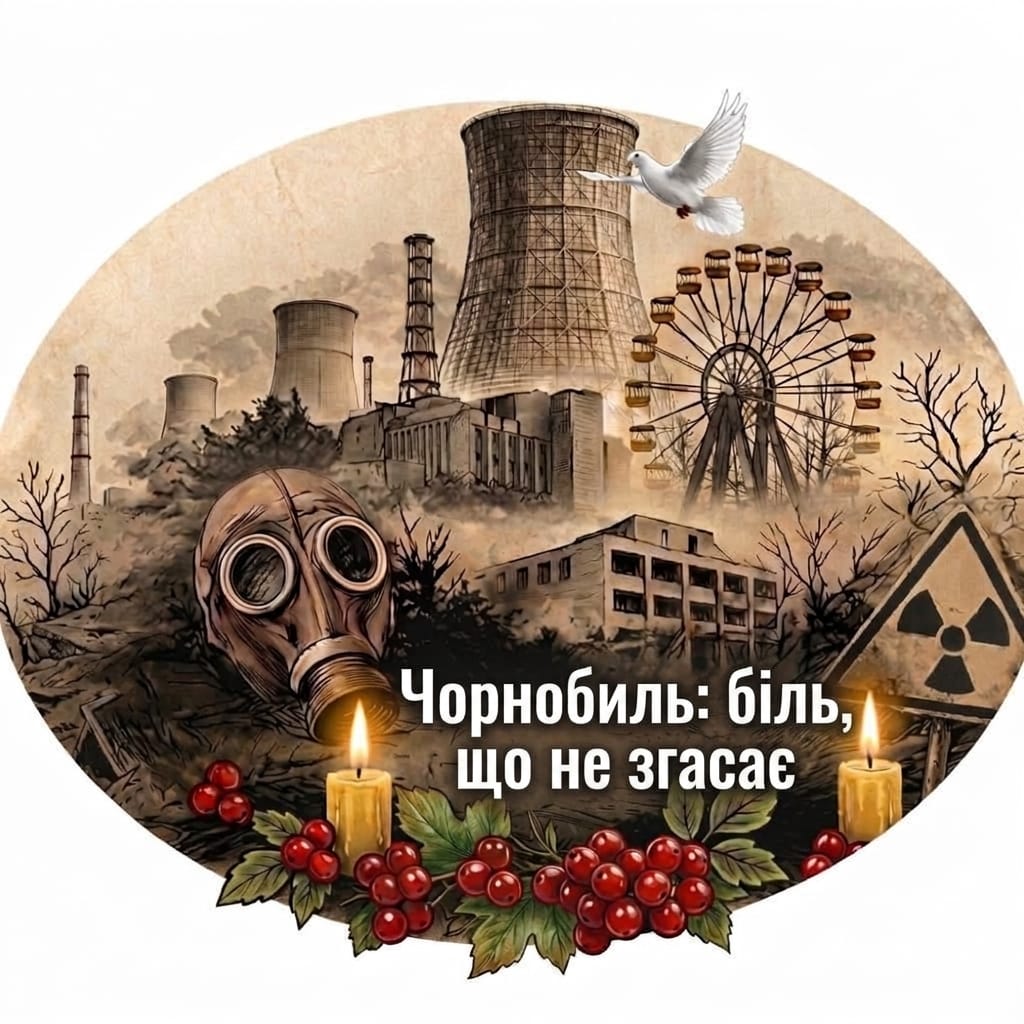 Символічний малюнок: атомна станція, колесо огляду, протигаз, знак радіації. Попереду свічки й червоні ягоди, угорі летить білий голуб.