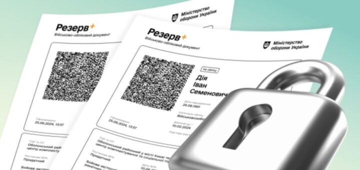 Два електронні військово‑облікові документи “Резерв+” із логотипом Міністерства оборони України, QR‑кодами та персональними даними; попереду — металевий замок як символ захисту