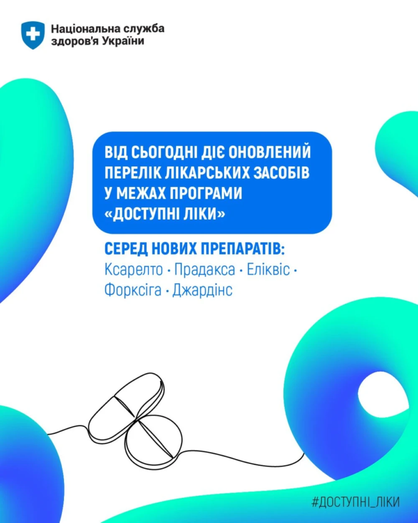 Інформаційний постер Національної служби здоров’я України про оновлений перелік ліків у програмі “Доступні ліки”