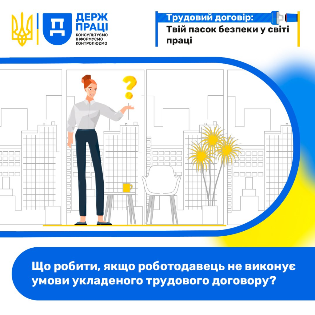 Інформаційний постер Держпраці: ілюстрація людини з жовтим знаком питання поруч із столом і кріслом, на тлі міських будівель; текст про трудовий договір та дії у разі порушення його умов роботодавцем