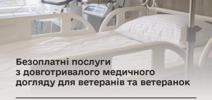 Лікарняна палата з медичним обладнанням та моніторами; текст про безоплатні послуги довготривалого медичного догляду для ветеранів і ветеранок