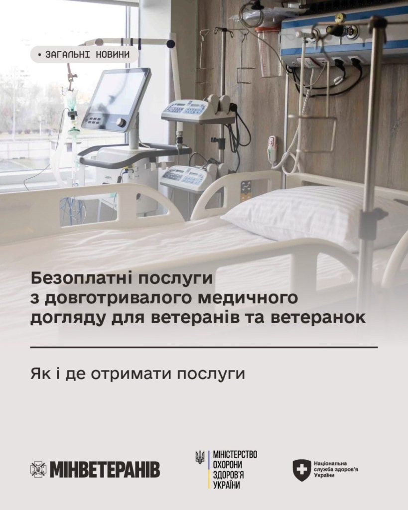 Лікарняна палата з медичним обладнанням та моніторами; текст про безоплатні послуги довготривалого медичного догляду для ветеранів і ветеранок