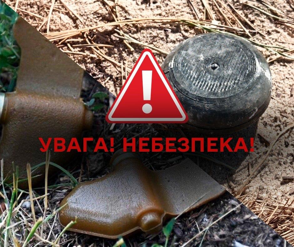 На землі серед сухої трави видно два вибухонебезпечні предмети; у центрі червоний трикутний знак із білим окликом та написом “Увага! Небезпека!”.