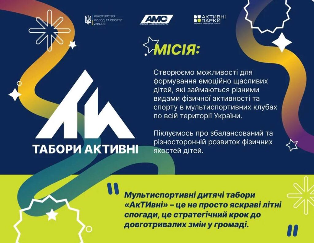 Кольоровий постер із динамічними стрічками та зірками на синьо‑зеленому фоні; текст про місію мультиспортивних дитячих таборів “Активні”; логотипи Міністерства молоді та спорту України, AMC та Active Parks