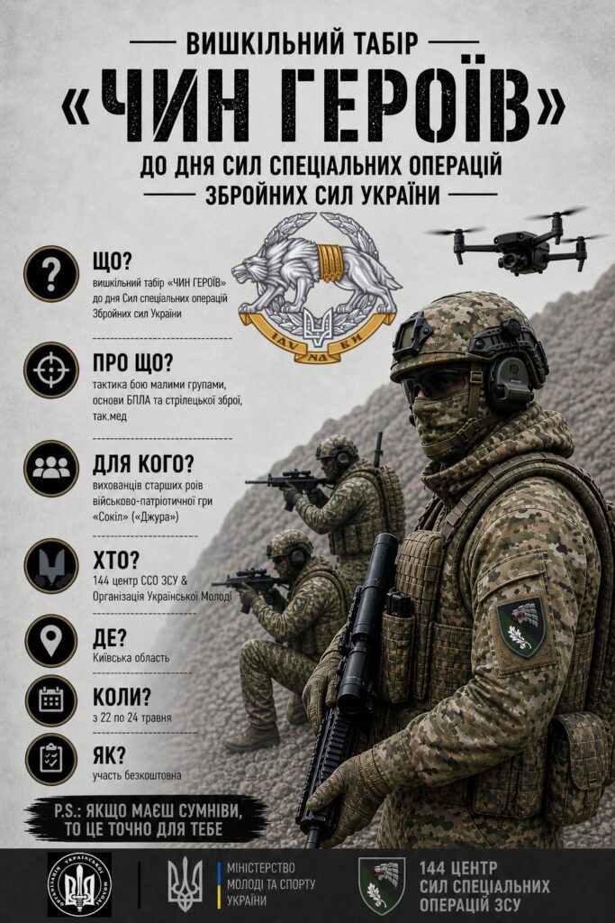 Промоційний постер вишкільного табору “Чин Героїв” до Дня Сил спеціальних операцій ЗСУ: військові у камуфляжі зі зброєю, дрон у небі, емблема ССО з вовком і тризубом