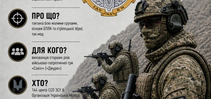 Промоційний постер вишкільного табору “Чин Героїв” до Дня Сил спеціальних операцій ЗСУ: військові у камуфляжі зі зброєю, дрон у небі, емблема ССО з вовком і тризубом