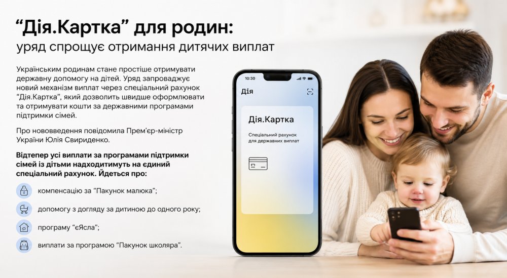 Промо‑графіка “Дія.Картка”: смартфон із інтерфейсом застосунку, поруч сім’я з дитиною; текст про спрощення отримання державних виплат на дітей.