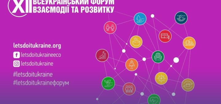 Промоційний постер XII Всеукраїнського форуму взаємодії та розвитку з фіолетовим тлом та іконками, що символізують здоров’я, освіту, довкілля, співпрацю й розвиток