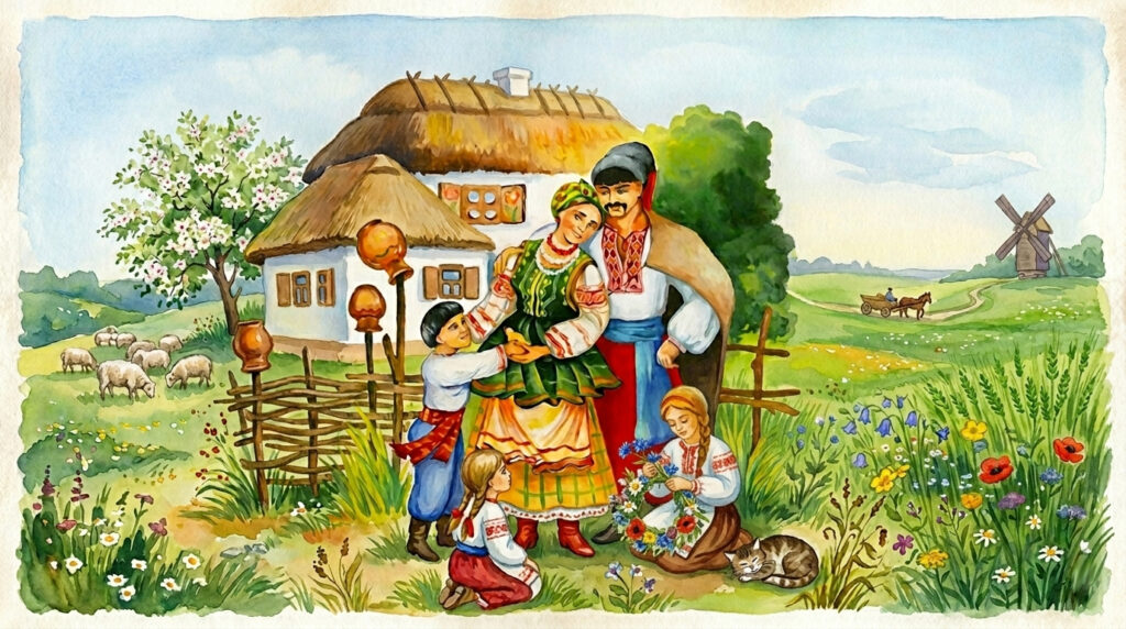 Ілюстрація: родина у традиційному вбранні стоїть біля хати під солом’яним дахом. Діти поруч із котом, один плете вінок. На тлі — вівці, млин і віз.