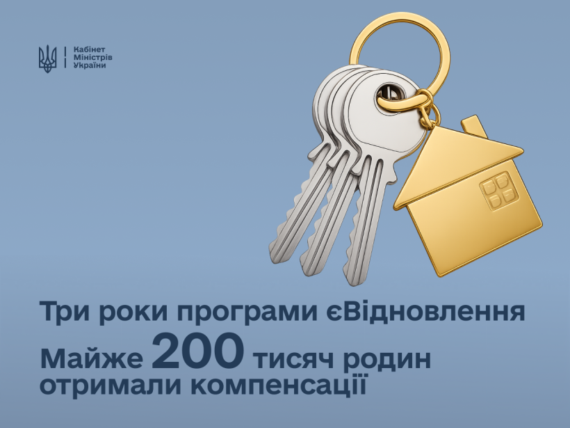 Золотий брелок у формі будинку з ключами на блакитному тлі, напис про три роки програми єВідновлення та майже 200 тисяч родин, що отримали компенсації.