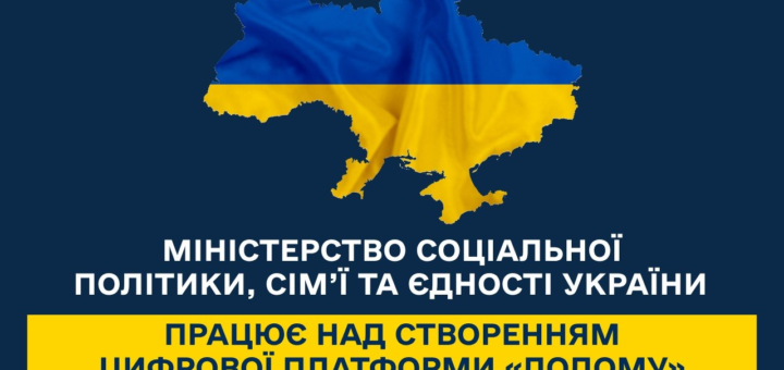 Контур карти України у синьо‑жовтих кольорах прапора; під нею білий та жовтий текст на темно‑синьому фоні: “Міністерство соціальної політики, сім’ї та єдності України працює над створенням цифрової платформи «Додому»”.