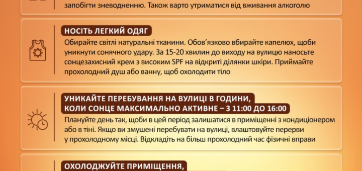 «Постер Міністерства охорони здоров’я України у помаранчевих тонах; заголовок “Громадське здоров’я”; поради як уберегтися у спеку з іконками води, сонця, одягу, кондиціонера та людей