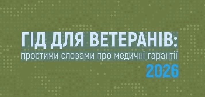 Зелений фон із дрібним візерунком точок; український напис “Гід для ветеранів: простими словами про медичні гарантії 2026”