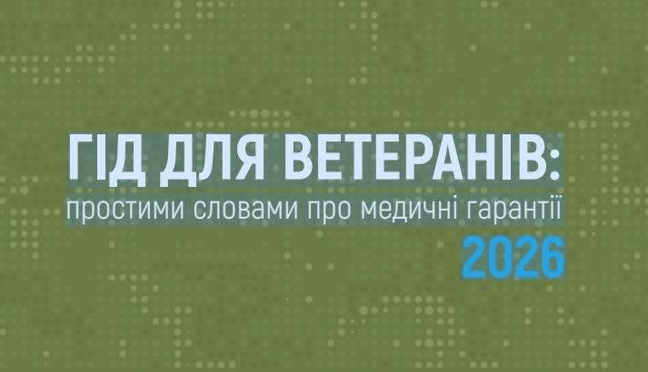 Зелений фон із дрібним візерунком точок; український напис “Гід для ветеранів: простими словами про медичні гарантії 2026”