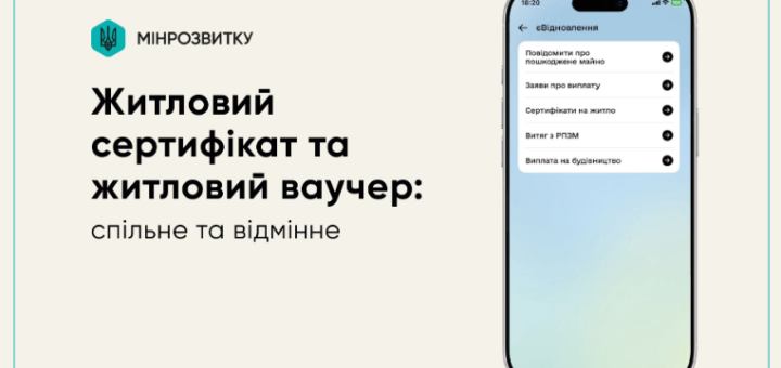 «Смартфон із відкритим українським застосунком; меню з пунктами про житло та компенсацію; ліворуч логотип із тризубом та напис “Мінрозвитку”; заголовок “Житловий сертифікат та житловий ваучер: спільне та відмінне”.