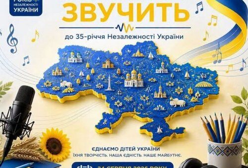 Промоційний постер “Україна звучить” до 35‑річчя Незалежності; стилізована карта України з культурними символами, нотами та пам’ятками; синьо‑жовтий фон із навушниками, мікрофоном, соняшником та книжками