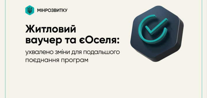 Графічний постер із бірюзовим шестикутним логотипом та тризубом і написом “Мінрозвитку”; поруч текст: “Житловий ваучер та єОселя: ухвалено зміни для подальшого поєднання програм”; праворуч темний шестикутник із бірюзовою галочкою.