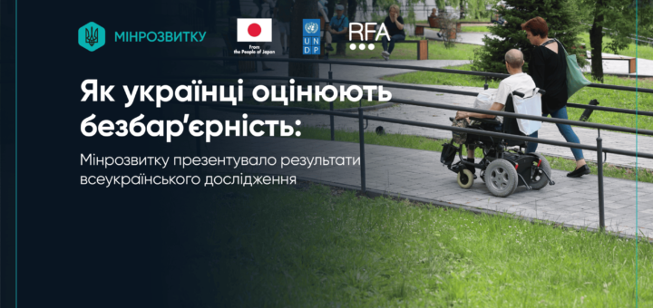 Людина у візку рухається пандусом у парку за допомогою іншої; ліворуч текст українською про результати дослідження безбар’єрності; логотипи Мінрозвитку, Японії, ПРООН та RFA