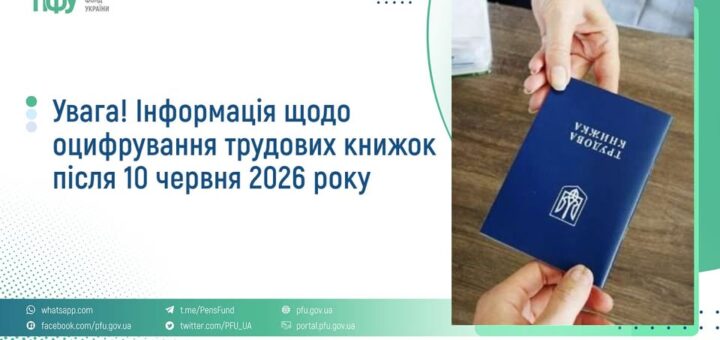 Інформаційний постер Пенсійного фонду України: ліворуч текст про оцифрування трудових книжок після 10 червня 2026 року, праворуч дві руки передають синю трудову книжку; унизу контакти та соцмережі установи