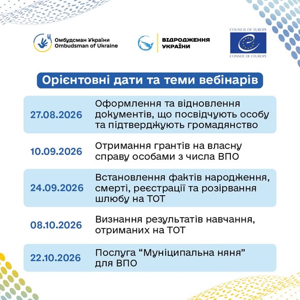 Інформаційний постер із білим фоном та синьо‑жовтими хвилястими елементами; текст українською про орієнтовні дати й теми вебінарів; логотипи Омбудсмана України, “Відродження України” та Ради Європи