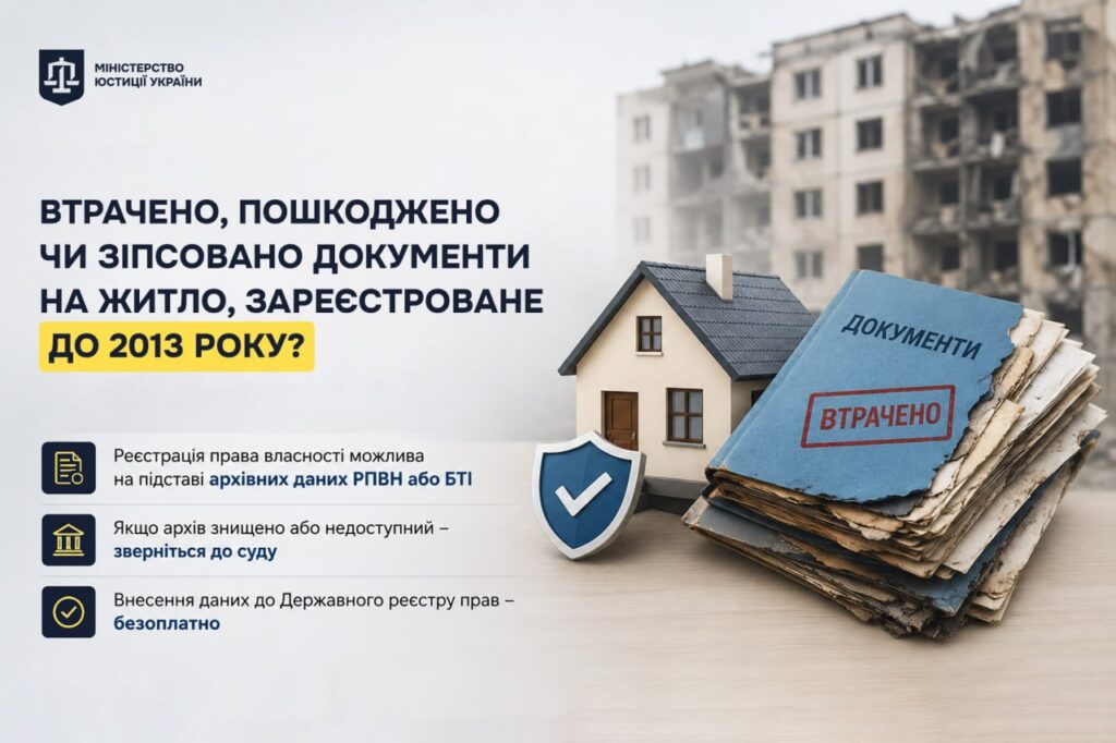 Інформаційний постер Міністерства юстиції України: макет будинку, стопка пошкоджених документів із написом “Документи втрачено”, щит із галочкою; на тлі зруйнований житловий будинок
