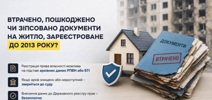 Інформаційний постер Міністерства юстиції України: макет будинку, стопка пошкоджених документів із написом “Документи втрачено”, щит із галочкою; на тлі зруйнований житловий будинок
