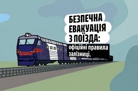 Ілюстрований поїзд синьо‑червоного кольору рухається залізничною колією на тлі зеленого ландшафту та блакитного неба; над ним напис у хмарці “Безпечна евакуація з поїзда: офіційні правила залізниці”