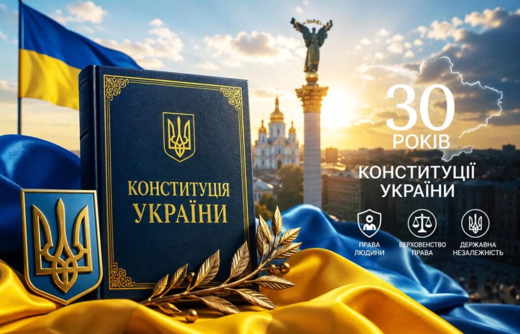 На передньому плані — синя книга «Конституція України» із золотим тризубом, поруч синьо-жовта тканина та малий герб. Позаду майорить український прапор, видно Монумент Незалежності та Михайлівський Золотоверхий монастир у Києві на тлі заходу сонця. 