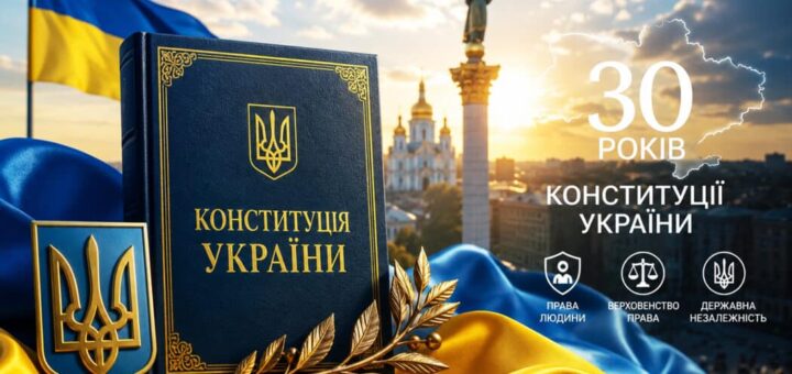На передньому плані — синя книга «Конституція України» із золотим тризубом, поруч синьо-жовта тканина та малий герб. Позаду майорить український прапор, видно Монумент Незалежності та Михайлівський Золотоверхий монастир у Києві на тлі заходу сонця.