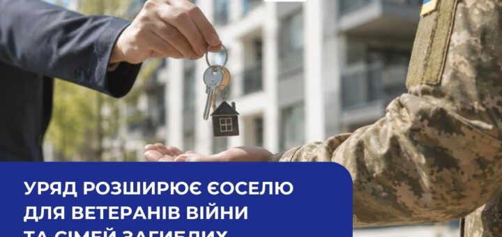 Людина у діловому костюмі передає ключі з брелоком‑будиночком військовому у камуфляжі; на тлі сучасні багатоповерхові будинки; унизу напис про розширення житлової програми для ветеранів та сімей загиблих захисників