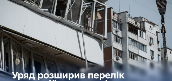 Зруйнований житловий будинок із вибитими вікнами та пошкодженими конструкціями; поруч український текст про розширення переліку заяв до міжнародного Реєстру збитків для України