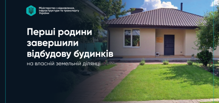 Одноповерховий відбудований будинок зі світлими стінами та коричневим дахом; упорядковане подвір’я з доріжкою та зеленим газоном; на лівому боці логотип і текст про завершення відбудови родинами на власній земельній ділянці