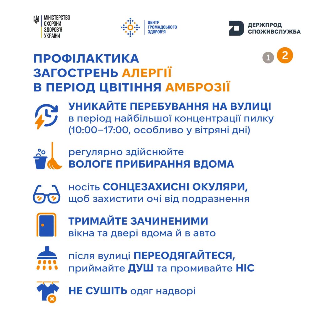 Інформаційний постер із порадами МОЗ, Центру громадського здоров’я та Держпродспоживслужби. Є іконки: блискавка, окуляри, двері, душ, одяг. Текст закликає уникати перебування на вулиці у період цвітіння амброзії, робити вологе прибирання, носити сонцезахисні окуляри, тримати вікна зачиненими, переодягатися та приймати душ після вулиці.