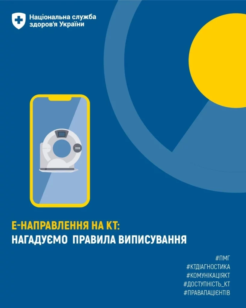 Інформаційний постер Національної служби здоров’я України у синьо-жовтій гамі. Ліворуч — ілюстрація смартфона з жовтим контуром, на екрані — зображення КТ‑апарата. Угорі текст: «E‑направлення на КТ: нагадуємо правила виписування». Праворуч — жовте коло як елемент дизайну.