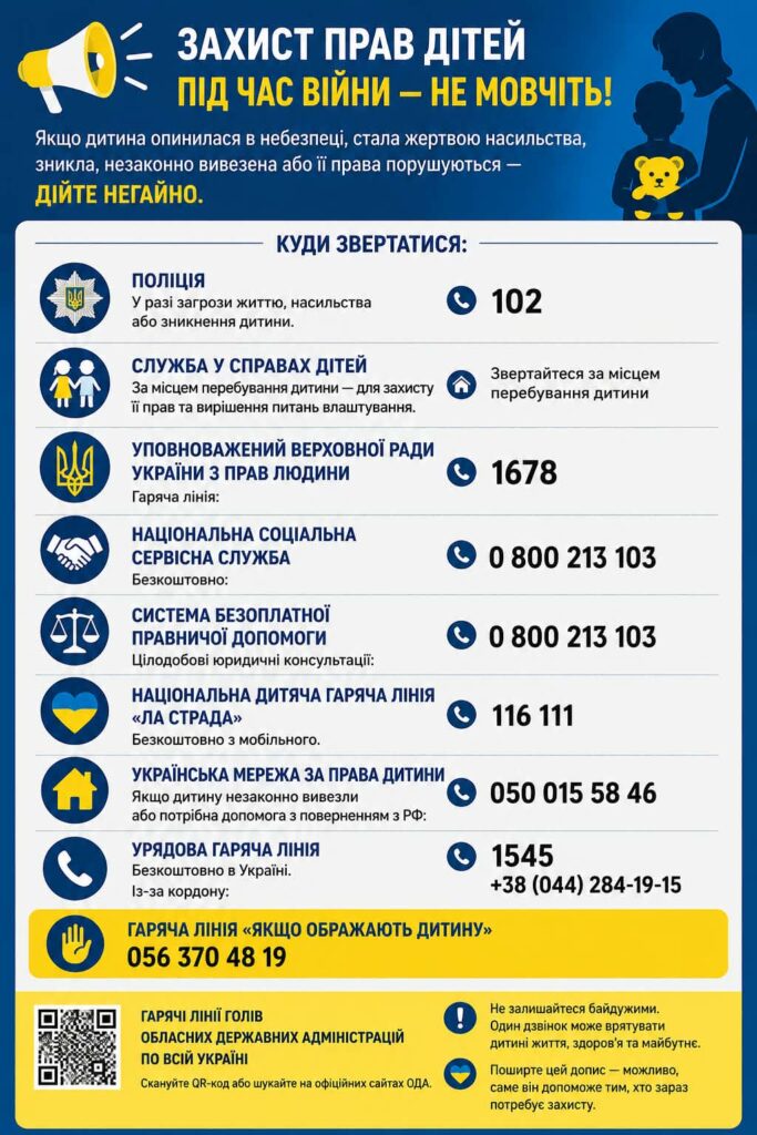 інформаційний плакат Захист прав дітей під час війни — не мовчіть!