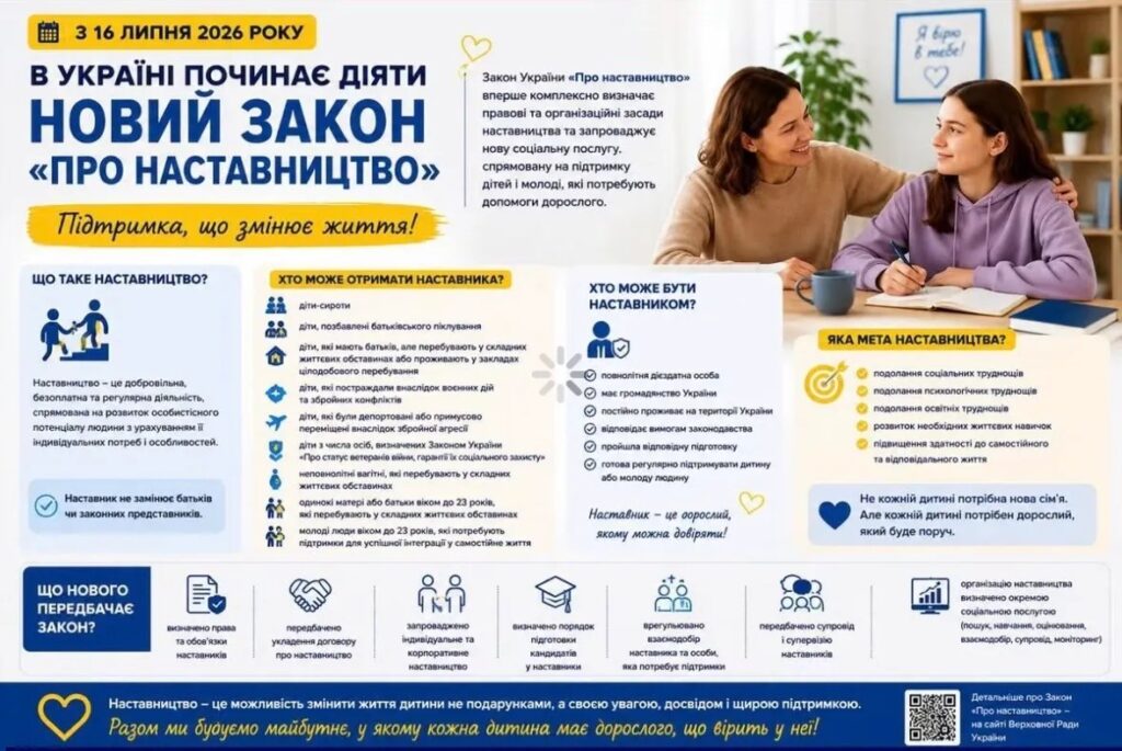 Яскравий інформаційний плакат українською з датою «16 липня 2026 року». Зображено жінку та дівчину за столом, вони усміхаються й спілкуються. Текст пояснює суть наставництва, хто може бути наставником, хто може отримати підтримку та які нові положення передбачає закон. 