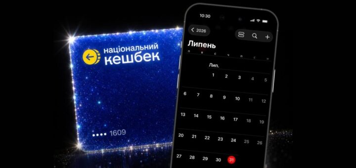 Синя блискуча картка з написом “національний кешбек” та номером 1609; поруч смартфон із календарем на липень 2026 року, виділена дата 31 липня червоним.