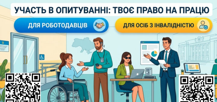Інформаційний постер українською з логотипом Уповноваженого Верховної Ради з прав людини. Зображено офісний простір: людина у візку, учасник із ноутбуком та допоміжними технологіями, ще двоє спілкуються поруч.