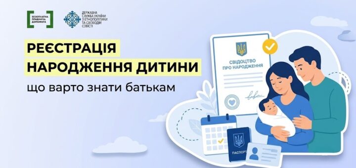 Інформаційний постер українською з логотипами «Безоплатна правова допомога» та «Державна служба України з етнополітики та свободи совісті». Основний текст: «Реєстрація народження дитини — що варто знати батькам». Праворуч — ілюстрація двох дорослих із немовлям, поруч свідоцтво про народження, паспорт, ID-картка та календар.