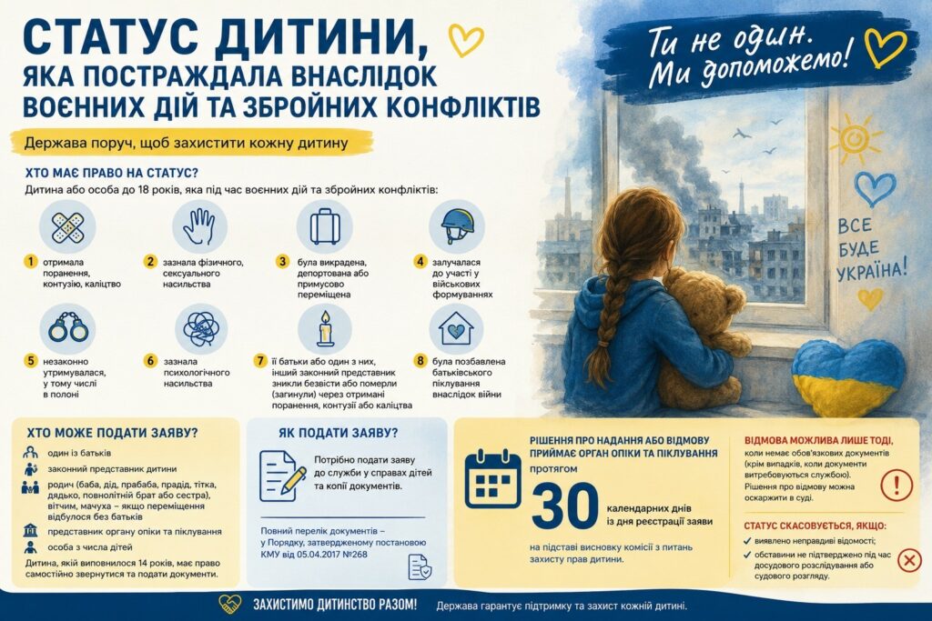 Інформаційний постер українською з текстом про «Статус дитини, яка постраждала внаслідок воєнних дій та збройних конфліктів». Ліворуч — перелік критеріїв, хто має право на статус, хто може подати заяву та як це зробити. Праворуч — ілюстрація дівчинки у синій худі з ведмедиком, яка дивиться у вікно на місто зруйноване війною; на склі — дитячі малюнки сонця, серця та напис «Все буде Україна!».